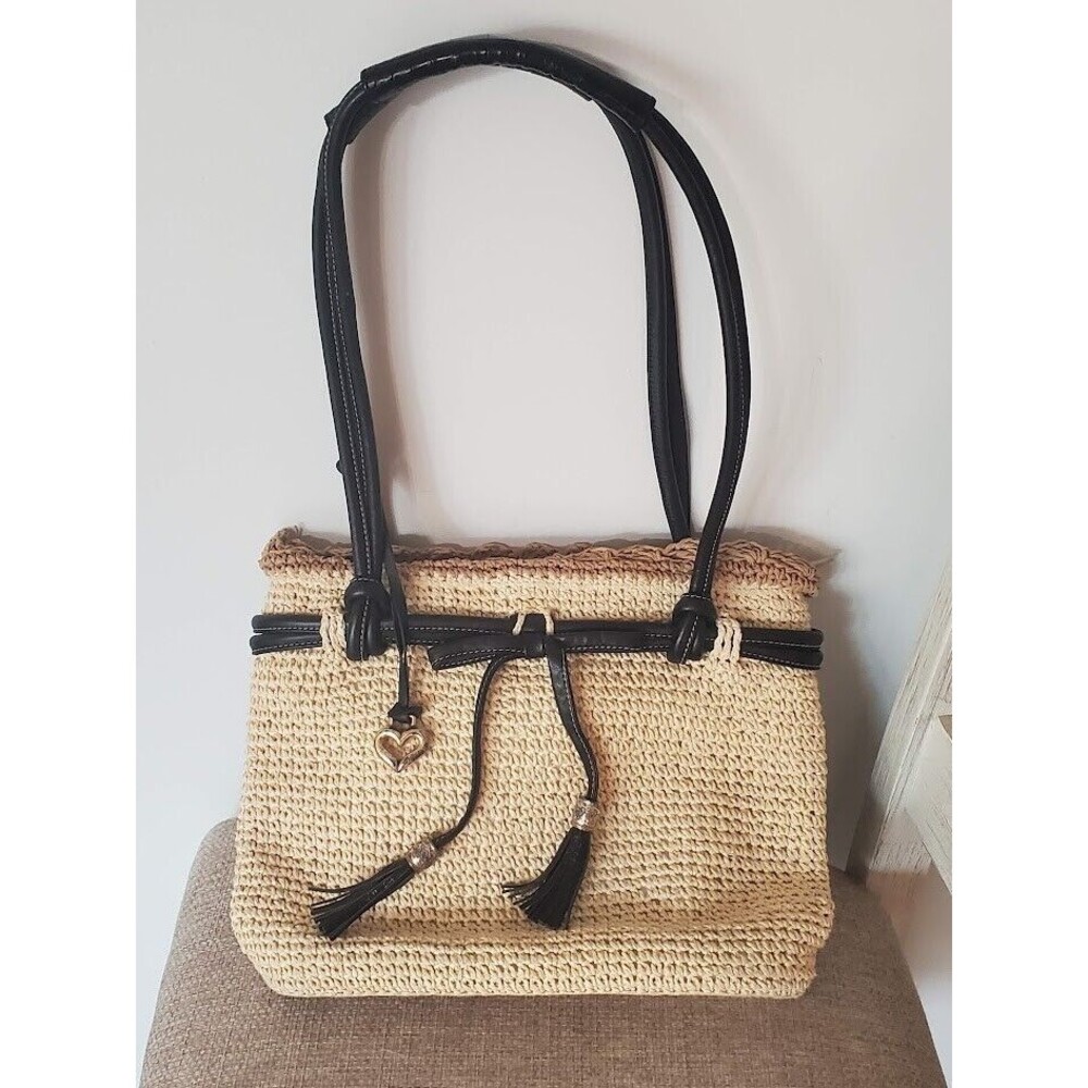 Brighton Handbag Woven StrawShoulder Purse Leather Trim Handles Charm Tassels